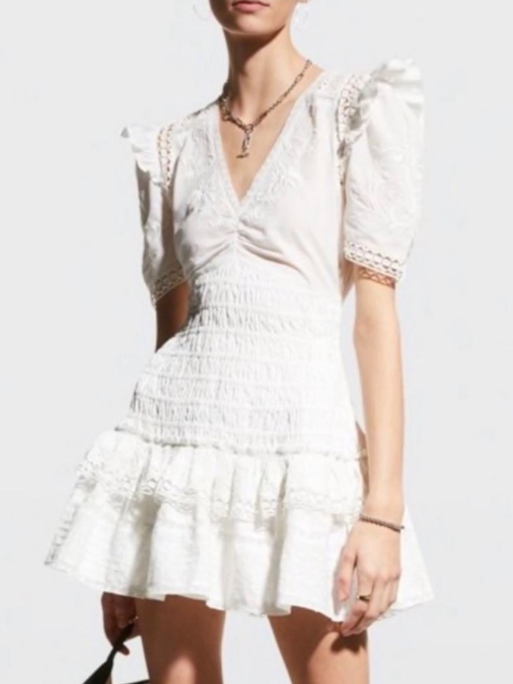 LoveShackFancy Antique White Embroidered V-Neck Dress